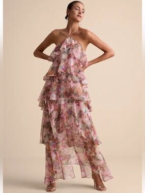 Melody Pink Floral Tiered Halter Maxi Dress